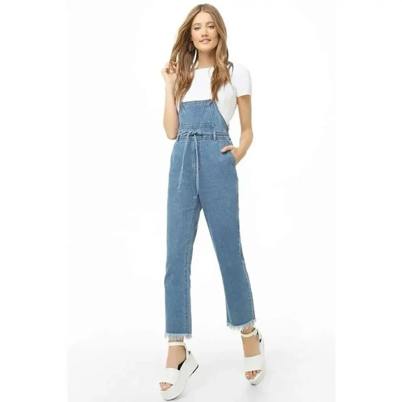 FOREVER 21 Women's Medium Wash Strappy Denim fitted overalls Jumpsuit Size S - Picture 2 of 13